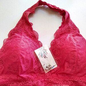 1X Rose Pink Halter Neck Lace Bra + Matched Earrings! Sexy Seductive & Alluring!